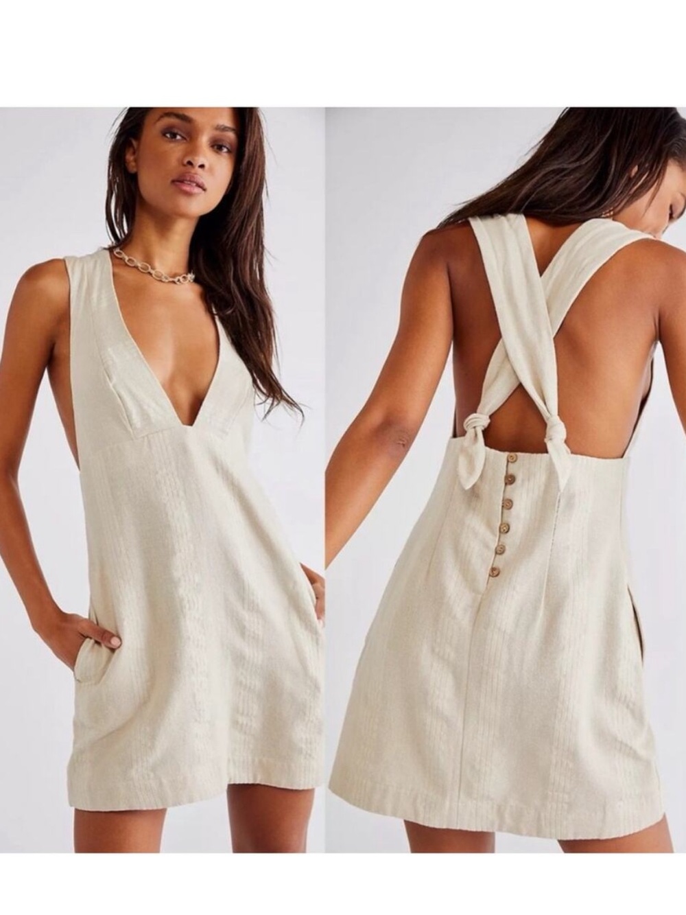 Free People Cream Linen-Blend Crossback Mini Dress